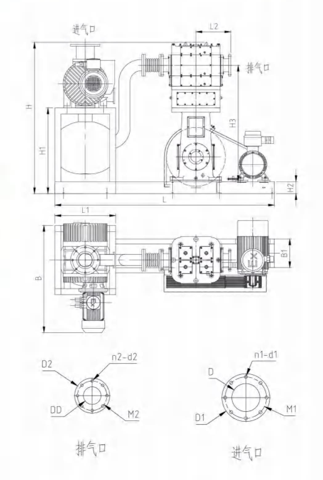 JZJW系列罗茨往复真空泵机组外形及安装尺寸图